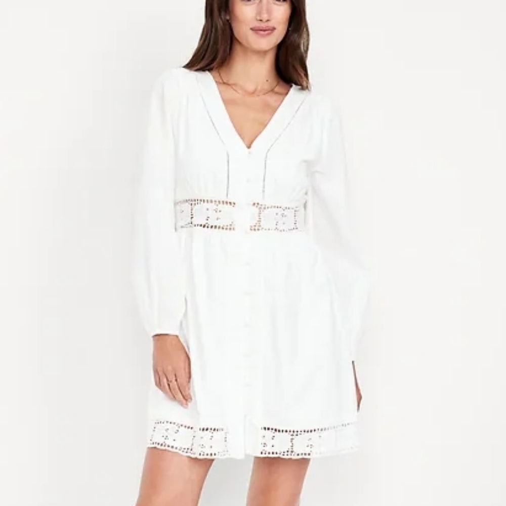 Old Navy White Long Sleeve Dress With Lace Waistband